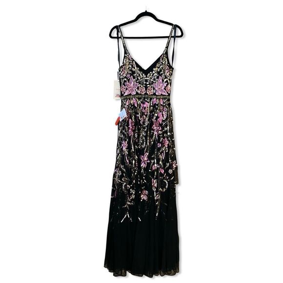 NWT Mac Duggal Black V Neck Floral Embellished Spaghetti Strap Gown dress Sz 2 - Picture 5 of 14